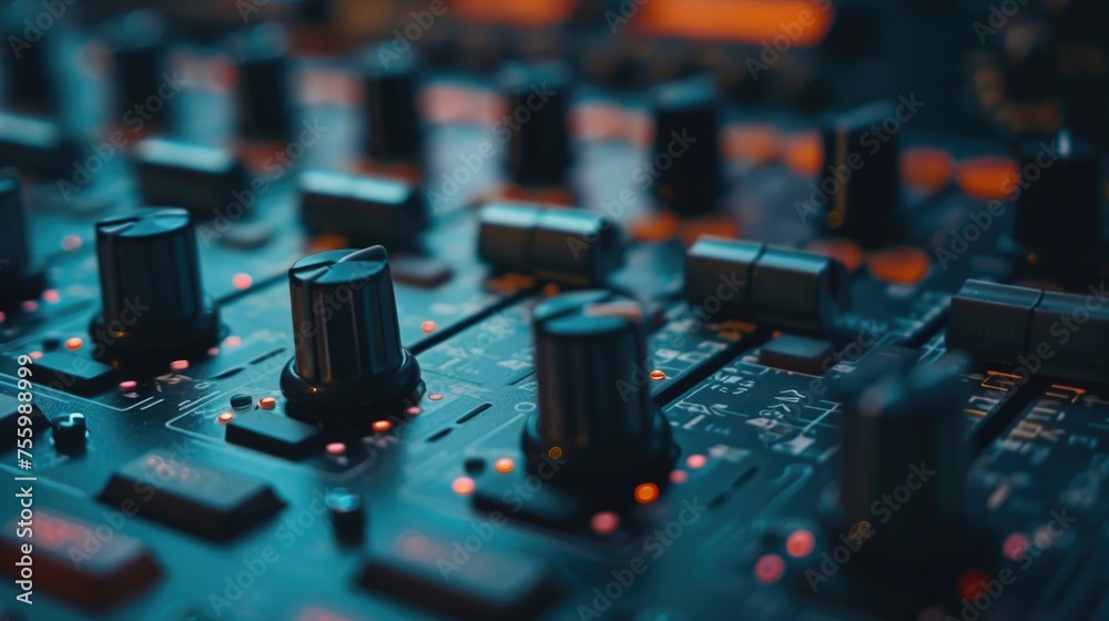 Poster close up of a sound board, perfect for music and technology concepts.