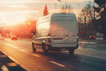 Foto op Canvas White van driving down a street at sunset, suitable for transportation concepts. © Fotograf