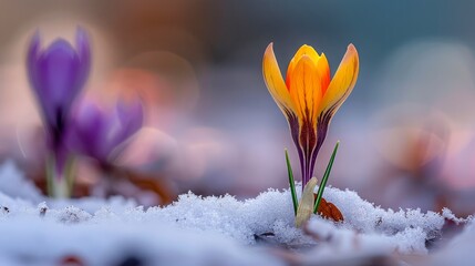 Vibrant Crocus Flowers Emerging from Melting Snow at Dawn, Symbolizing Spring Resilience