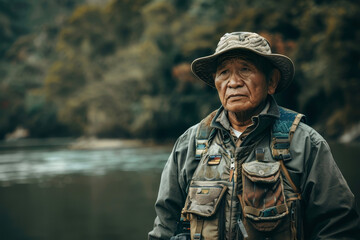Fototapeta premium a fisherman wearing a hat and a vest with many pockets