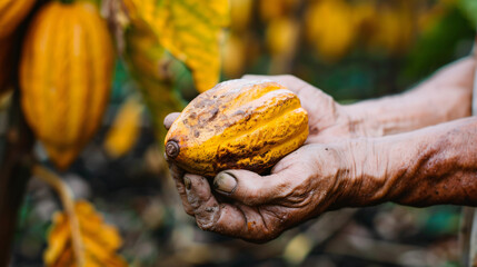 Farmer hand cacao pod on harvest background