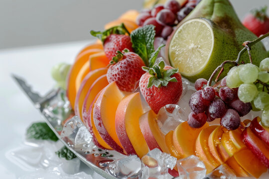 a fruit carving with ice and a knife