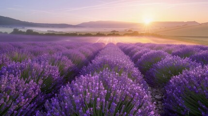 Picturesque Lavender Fields at Sunrise with Mist and Mountains in the Background, Vivid Purple Flowers Basking in Sunlight