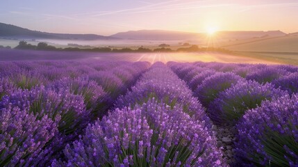 Fototapeta premium Picturesque Lavender Fields at Sunrise with Mist and Mountains in the Background, Vivid Purple Flowers Basking in Sunlight