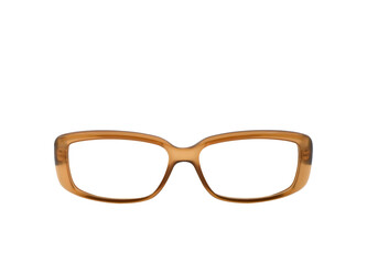 Pairs of glasses with brown frame isolated on a plain white background. Copy space. Eyesight concept.