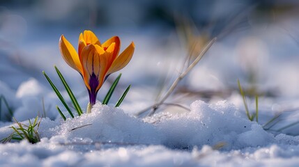 Vibrant Crocus Flower Emerging from Snow in Early Spring, Symbolizing New Beginnings and the...