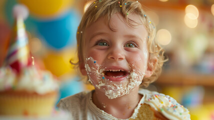 Toddler with cake on face at party