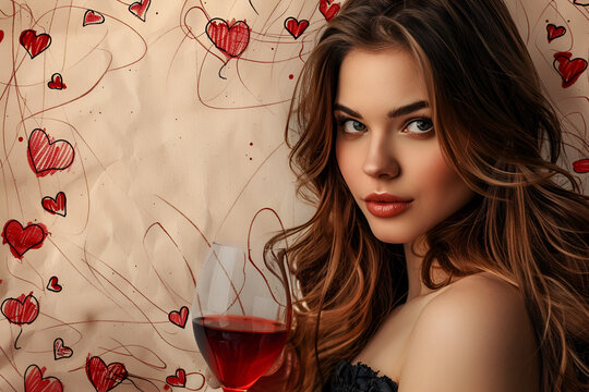 woman with glass of wine red love hearts romantic