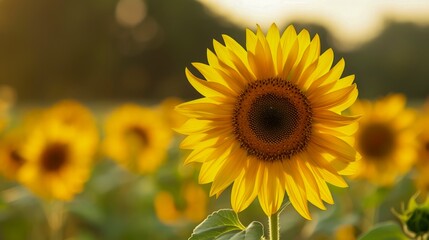 Fototapeta premium Close-up of Vibrant Yellow Sunflower in Bloom with Sunlit Field of Sunflowers in the Background on a Clear Day