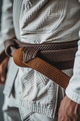 A person wearing a brown belt, suitable for fashion or clothing concepts.