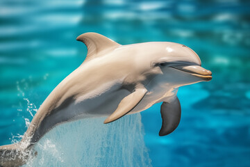 Fototapeta premium Dolphin Leaping Joyfully - A dolphin captured mid-air during a joyful leap out of the water. Perfect for themes of marine life, wildlife photography, and ocean.