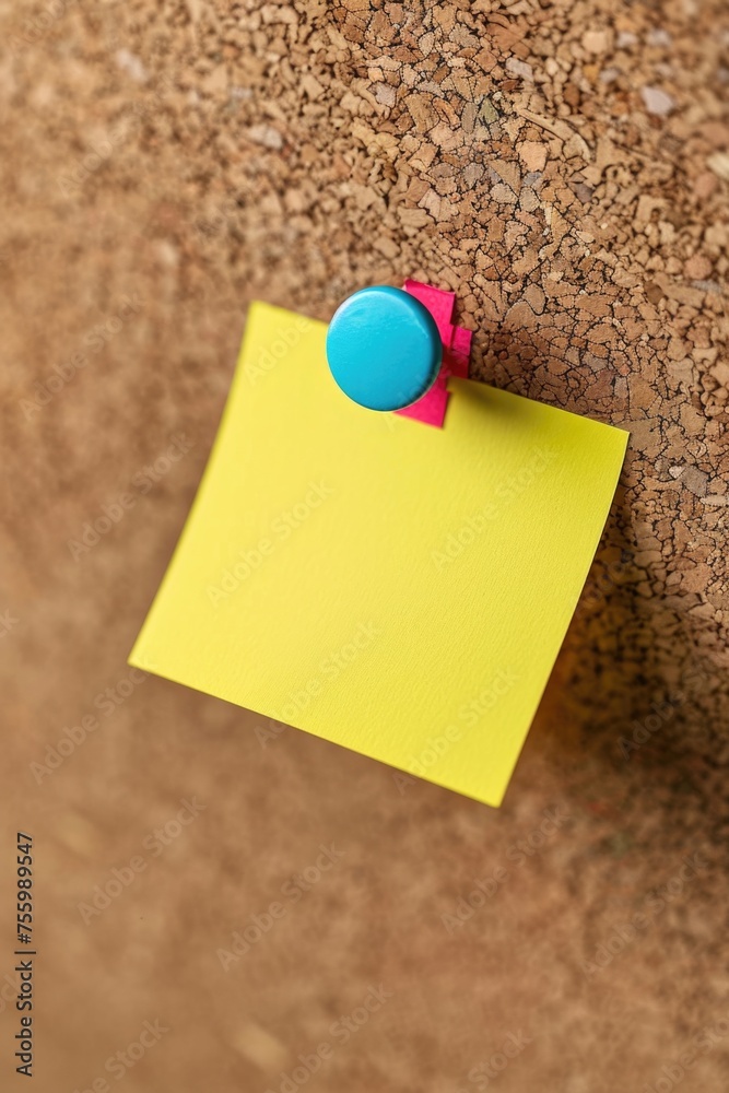 Poster yellow post it with a blue button on a cork board, suitable for office or organization concepts.