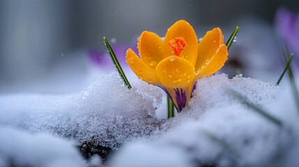 Vibrant Yellow Crocus Bloom Emerging from Fresh Snow in a Winter Garden Scene