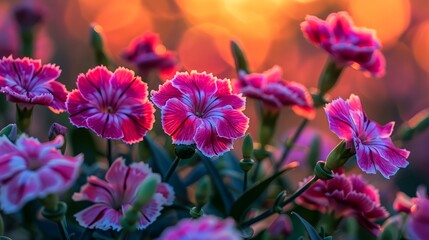 Vibrant Pink Flowers Blooming at Dusk with Soft Sunlight Illuminating Petals in a Serene Garden Scene