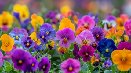 Vibrant Assortment of Colorful Pansies in Full Bloom, Floral Background Showing Nature's Beauty in Springtime