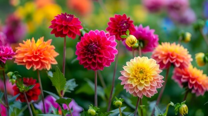 Vibrant Assortment of Blooming Dahlias in Lush Garden - Colorful Nature Photography Perfect for Floral Designs