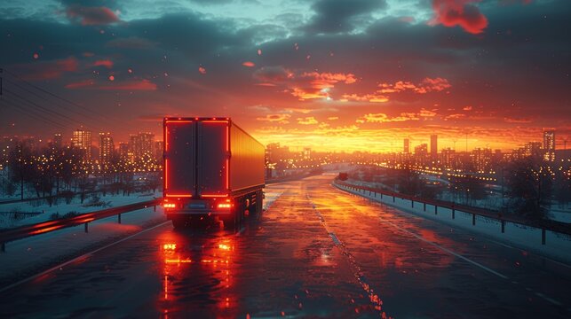 This side-view view depicts a delivery truck running on the road with a sunrise in the background, the concept of fast delivery, cargo logistic, and freight shipping is shown. This image is rendered