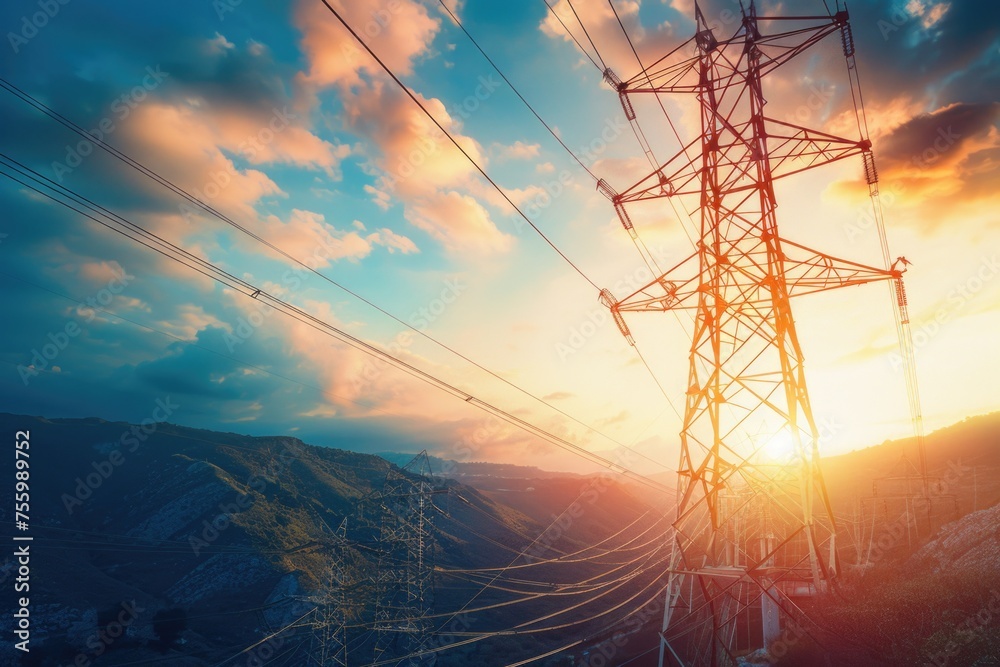 Poster sun setting behind a high voltage tower, suitable for energy or industrial concepts.