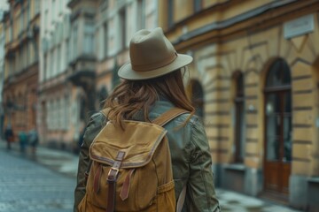 A woman with a hat and backpack walking down a street. Suitable for travel blogs.