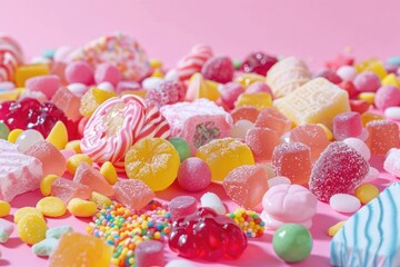 Fototapeta na wymiar Colorful pile of candies on a pink background. Perfect for sweet treats concept.