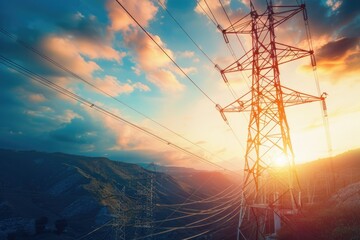Sun setting behind a high voltage tower, suitable for energy or industrial concepts. - obrazy, fototapety, plakaty
