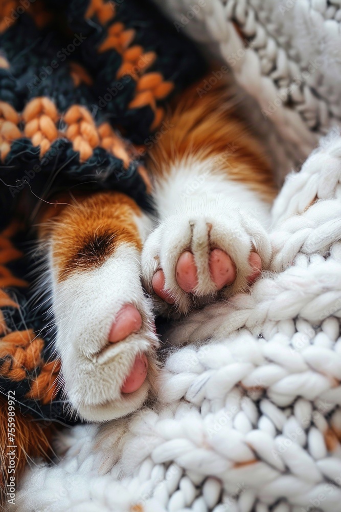 Poster close up of a cat's paw resting on a soft blanket. suitable for pet care or relaxation concepts.