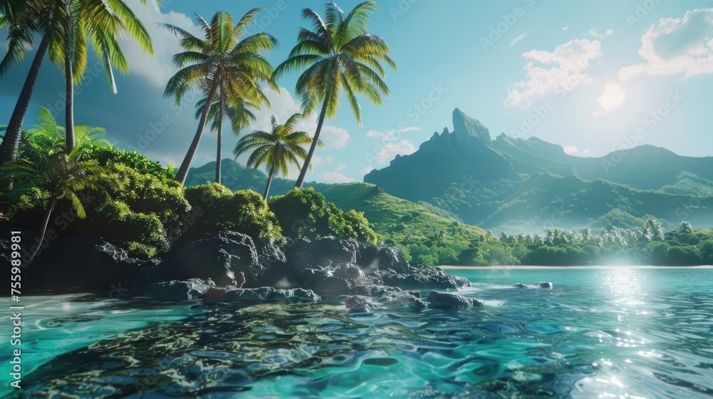 Poster a scenic view of a tropical island with palm trees and rocks. ideal for travel and vacation concepts