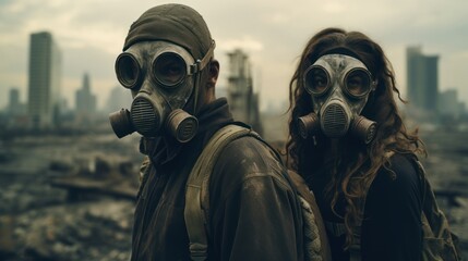A young couple in gas masks against the background of a destroyed city among smoke and ash - obrazy, fototapety, plakaty