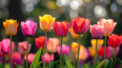 Colorful Spring Tulips Blooming in Sunlit Garden with Soft Bokeh Background, Vibrant Flora Scene