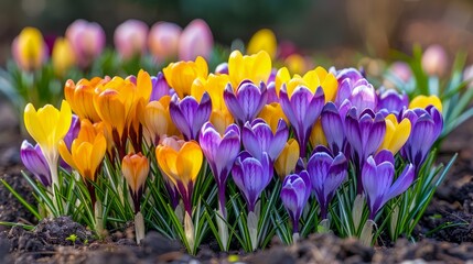 Vibrant Yellow and Purple Crocus Flowers Blooming in Spring Season Soil with Natural Sunlight