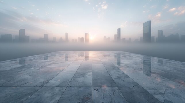 View from a perspective of an empty concrete tiles rooftop with city skyline in the morning