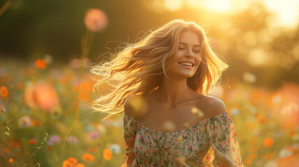 Young woman in a flower field at sunset