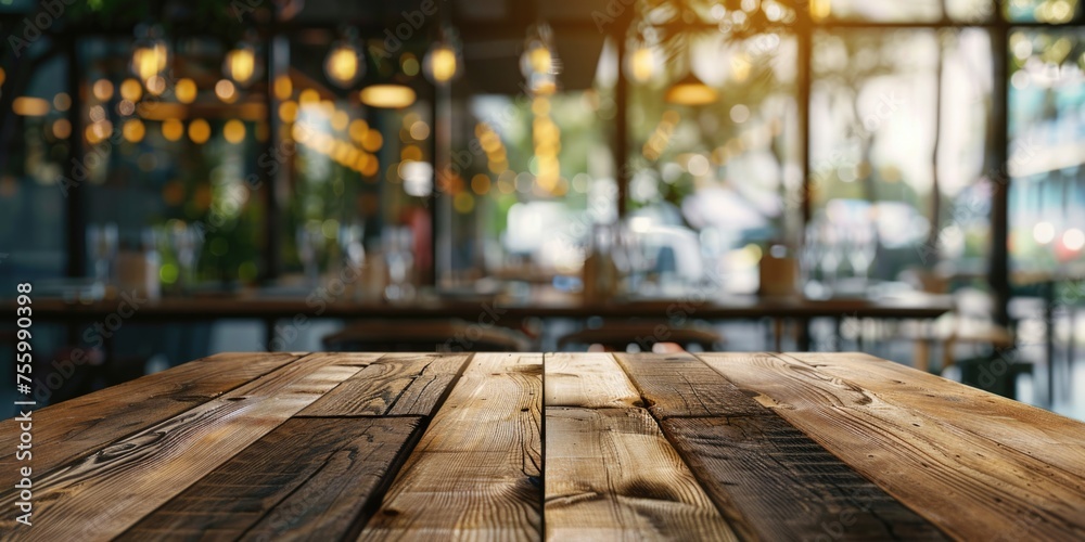 Poster a wooden table placed in front of a window. suitable for home decor or interior design concepts.
