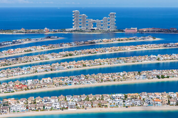 Dubai The Palm Jumeirah with Atlantis The Royal Hotel artificial island from above - 755990319