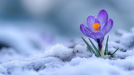 Single Purple Crocus Flower Emerging from Melting Snow in Early Spring with Soft Focus Background