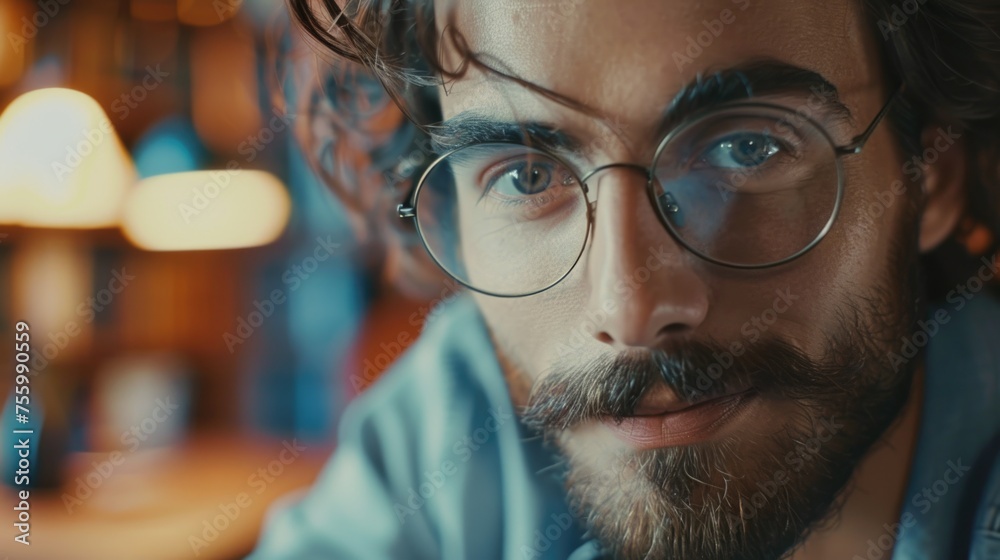 Poster A close up image of a man wearing glasses and sporting a beard. Suitable for various projects.