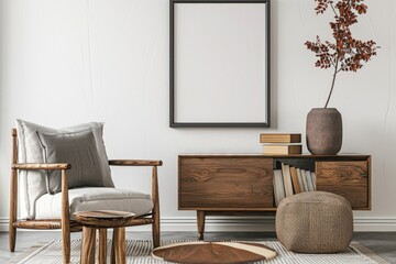 Simple living room with chair and table. Perfect for home decor websites.