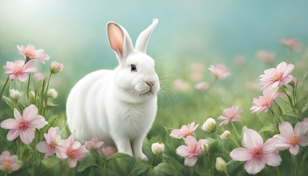 Lone white rabbit in a floral meadow, an ideal image for tranquil nature settings and gentle animal themes
