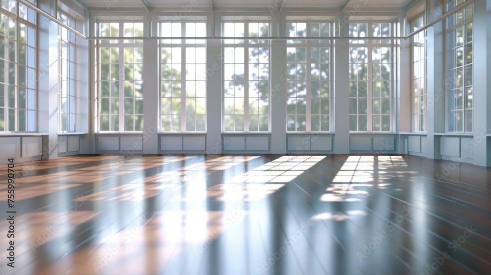 Poster A simple image of an empty room with many windows. Suitable for architectural or interior design projects.