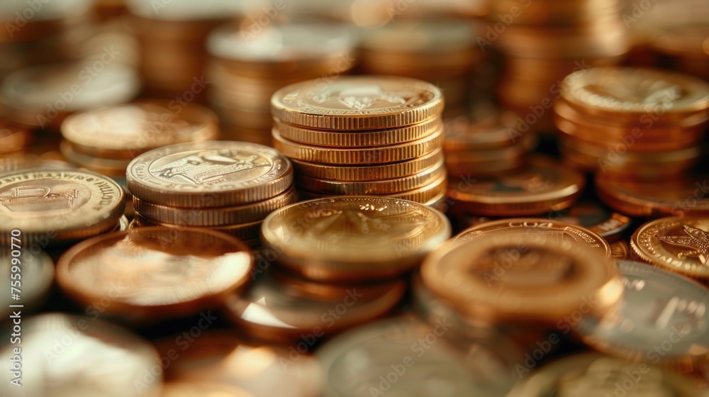 Poster a pile of coins stacked on top of each other. suitable for financial concepts.