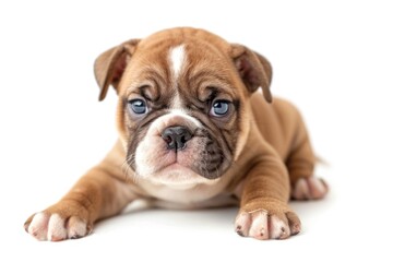 Obraz premium Adorable brown and white puppy relaxing on a white surface. Perfect for pet lovers and animal-related designs.