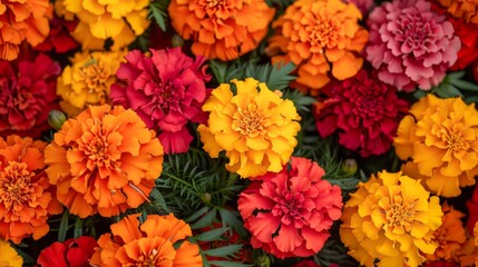 Vibrant Assortment of Blooms Featuring Marigolds and Dahlias - Lush Floral Background for Gardening and Spring Themes