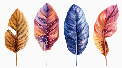 Four different-colored tropical leaves