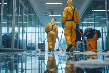 Two men in yellow suits cleaning the floor, suitable for cleaning service advertisements. - obrazy, fototapety, plakaty