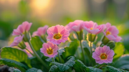 Radiant Pink Primula Flowers Blooming in Lush Green Garden at Golden Hour with Soft Sunlight