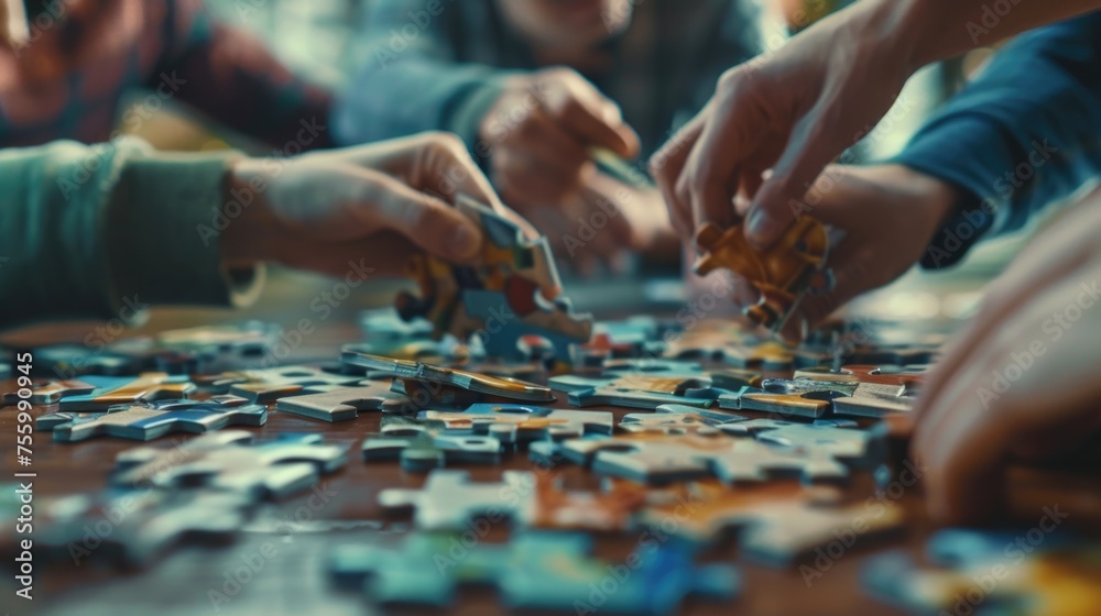 Poster Group of people collaborating on a puzzle. Ideal for team building concepts.