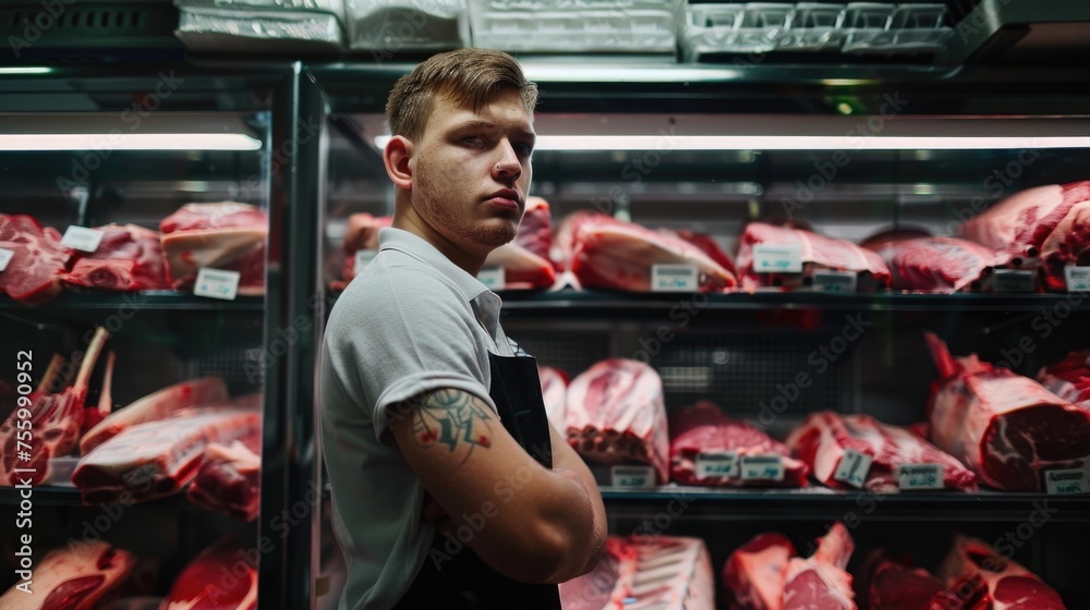Poster A man standing in front of a display case filled with meat. Suitable for food industry concepts.