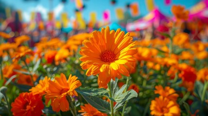 Vibrant Orange Calendula Flowers Blooming in Lush Garden with Festive Background