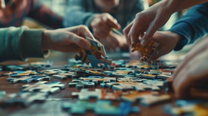 Group of people collaborating on a puzzle. Ideal for team building concepts. - obrazy, fototapety, plakaty