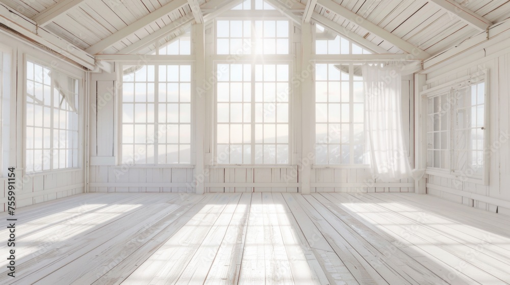 Poster an empty room with numerous windows. suitable for real estate or interior design concepts.